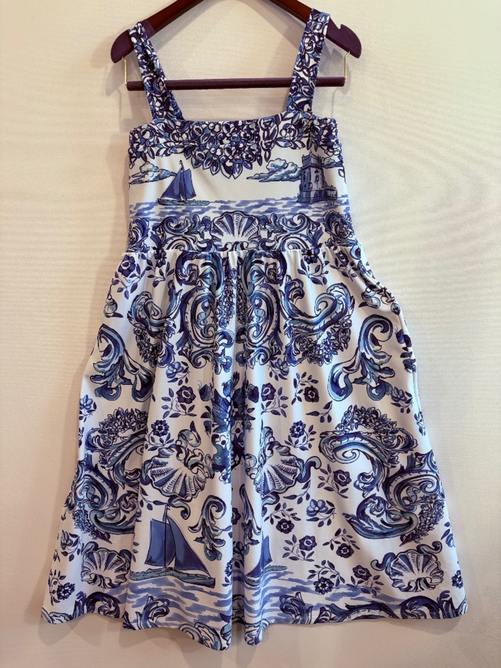 Smith & Quinn XS Blue White Nautical Toile Midi Dress Petite Altered
